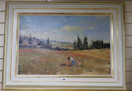 Roy Petley (b. 1950), Gathering Flowers, signed, oil on board, 50.5cm x 76cm